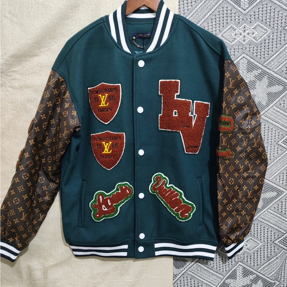 Louis Vuitton-Inspired Green Varsity Jacket with Brown Monogram Sleeves